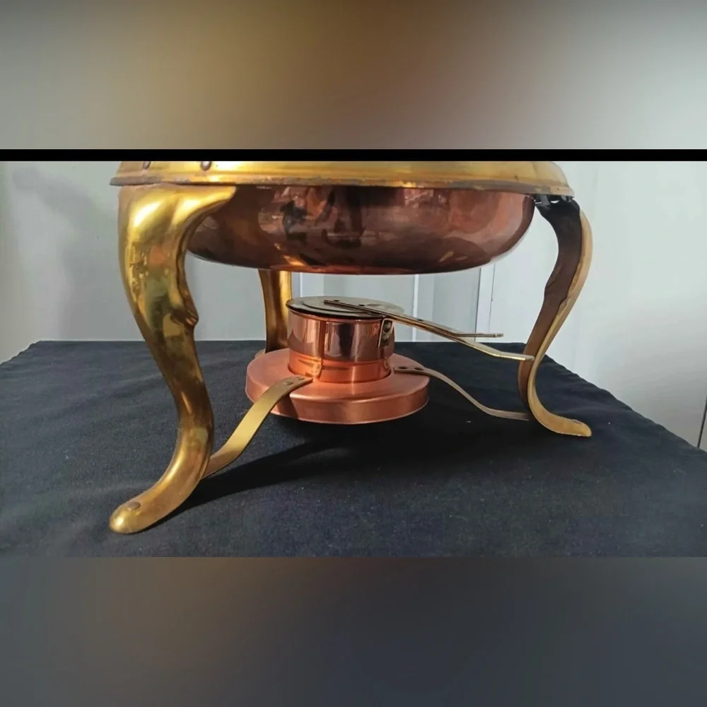 Vtg Copper & Brass Chafing Dish / Fondue Set w/ Burner, Lid & Handle  Tableware